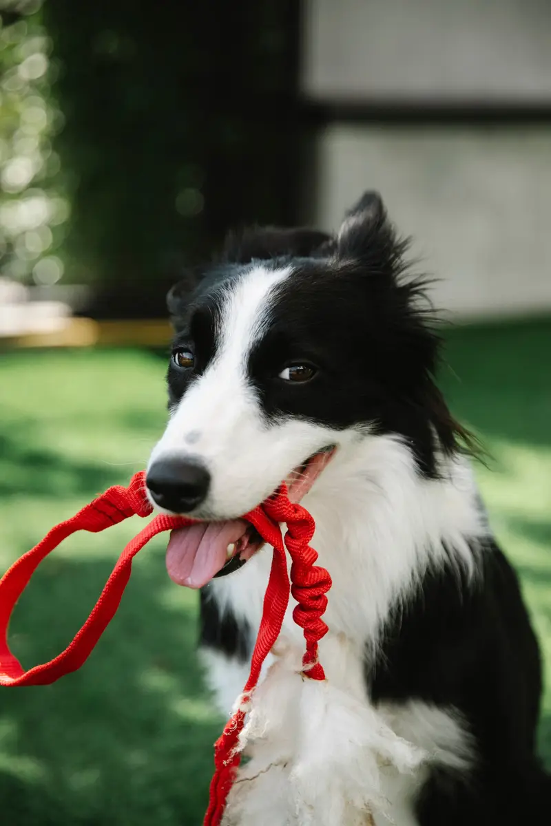 Border collie cu o lesă roșie în gură, pe iarbă